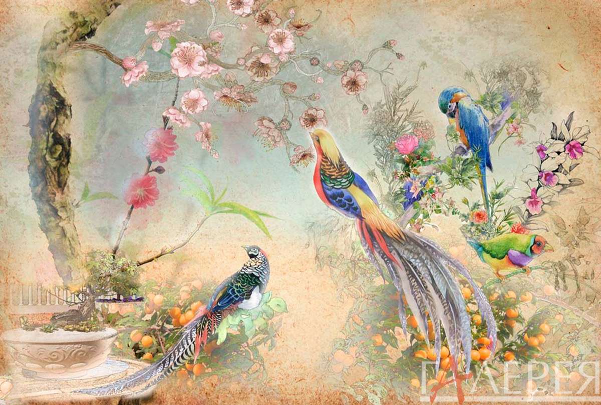 Шинуазри, цветы, дерево, попугай, райская  птица, райские птицы, апельсиновое дерево