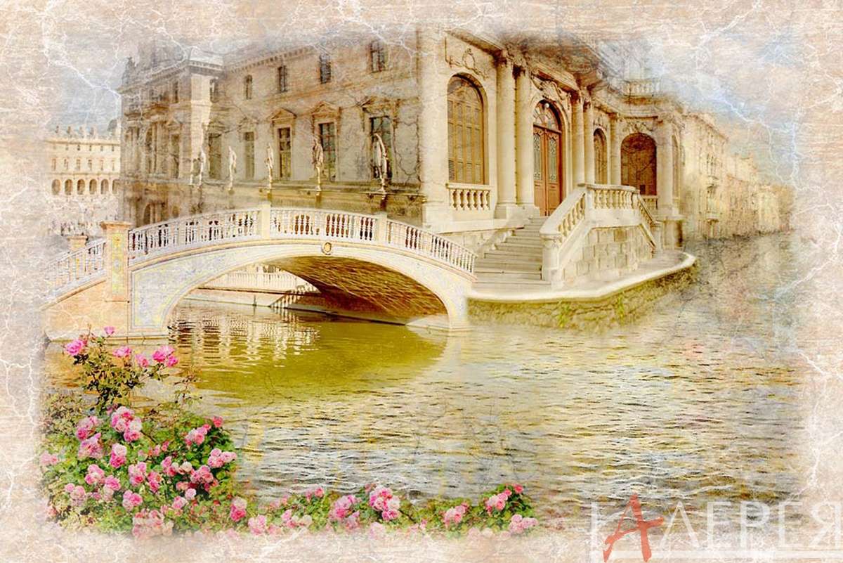 Мост, старый город, цветы, каменный город, фреска