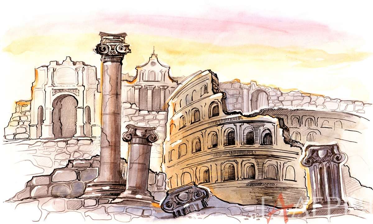 Италия, руины, коллизей, живопись, акварель, развалины, колонны