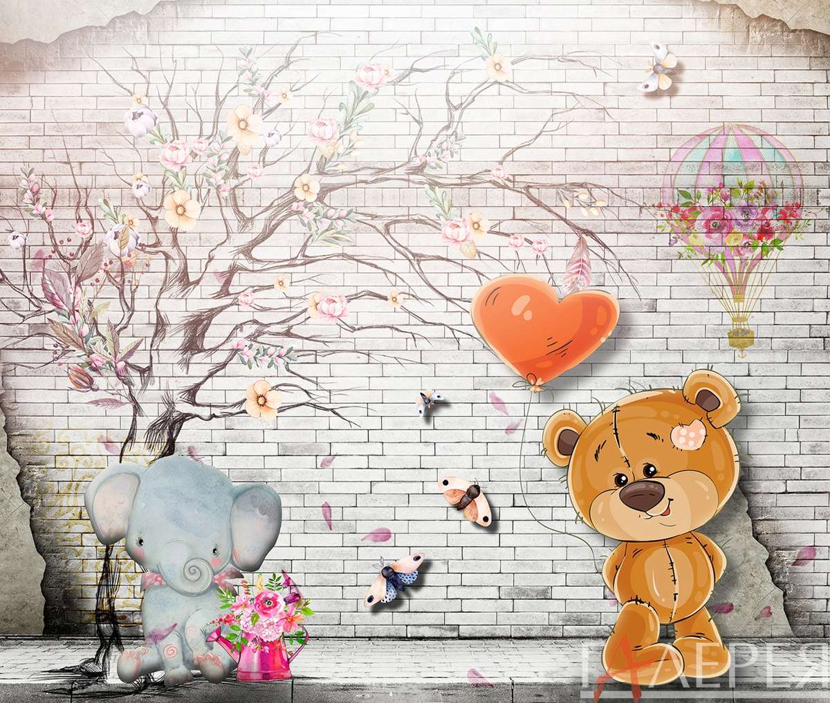 стена, кирпичная стена, рисунок, дерево, воздушный шар, мишка, медведь, слоник, слон, цветы, бабочки