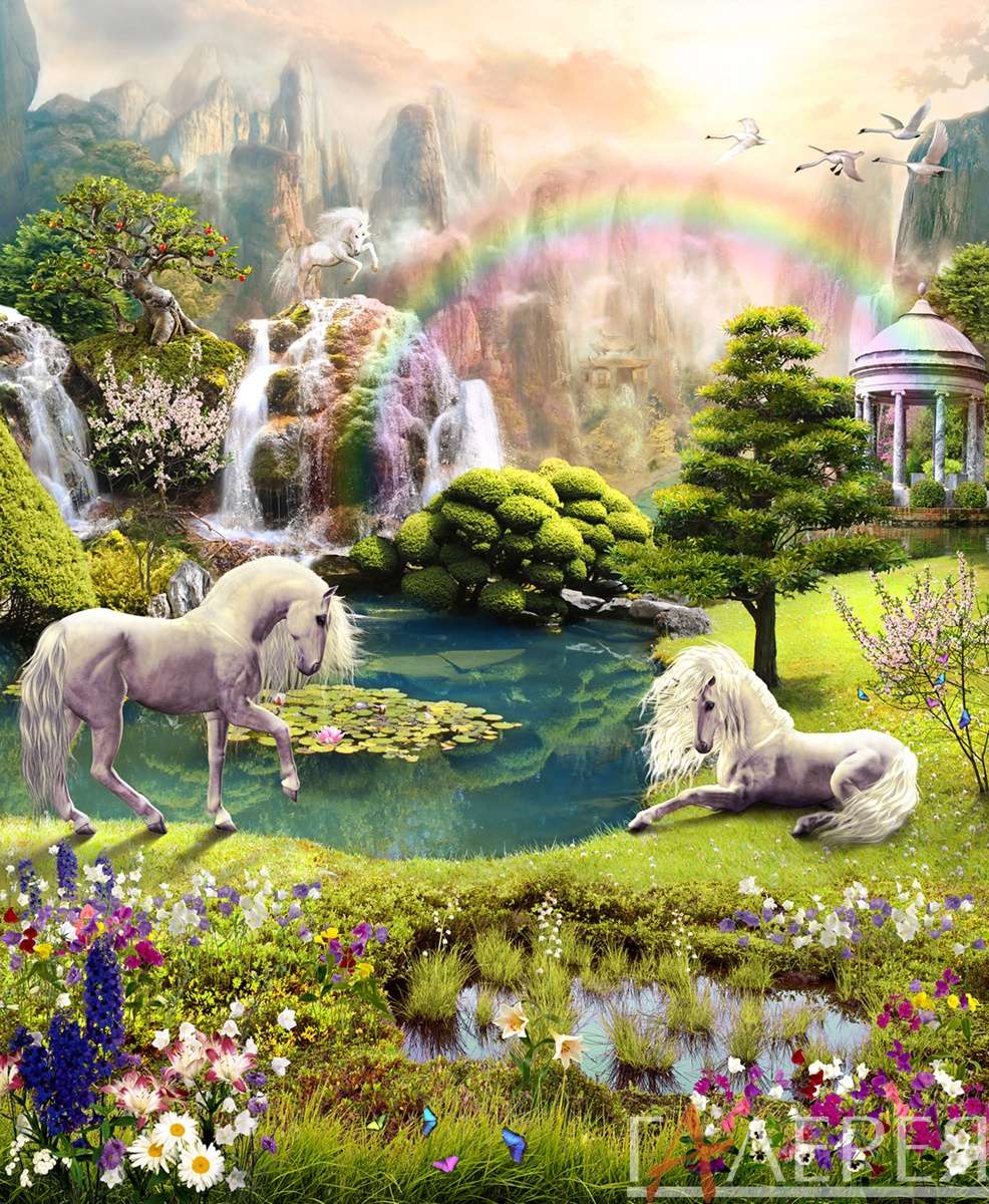 Конь, лошадь, водопад, дерево, озеро, цветы, радуга, лебеди