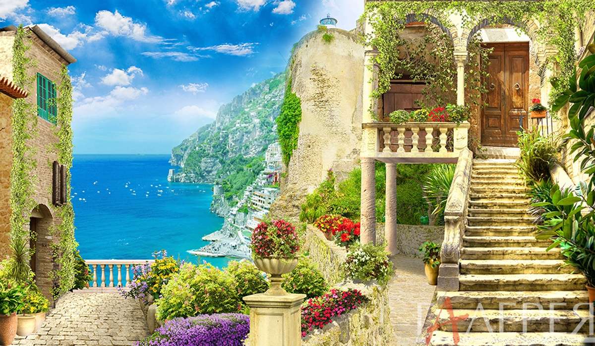 Фреска, старый город, лестницы, перила, море, каменный город, цветы, балкон