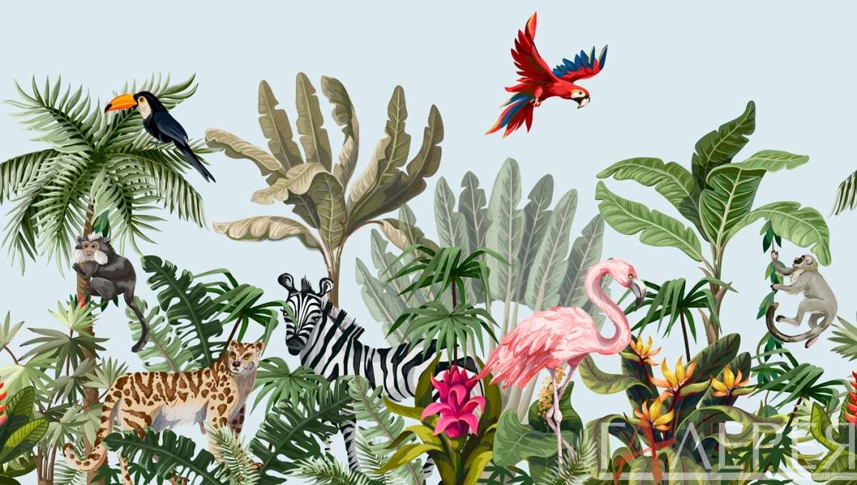 Природа, Тропики, пальмы, тропические цветы, попугай, фламинго, тигр
