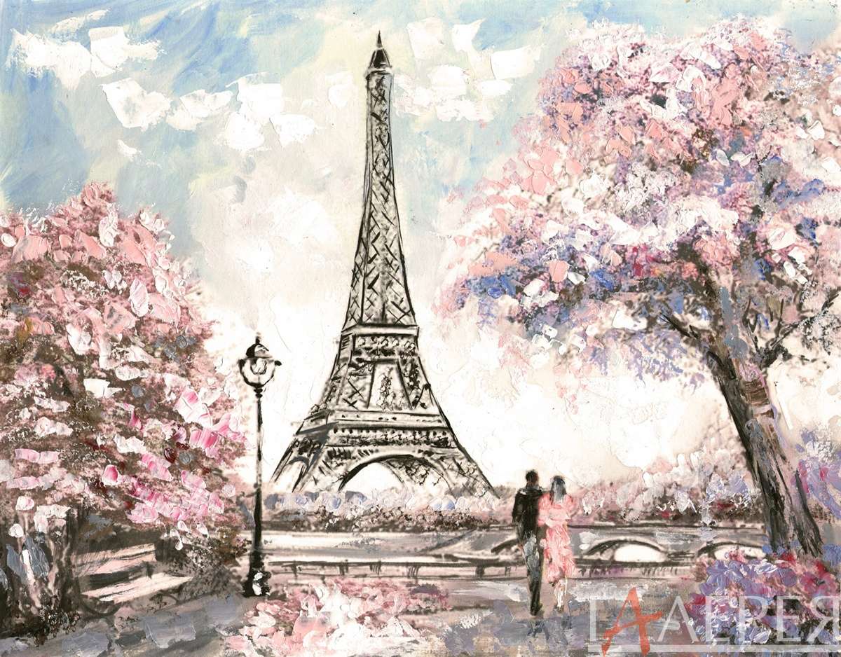 Париж, Эйфелева башня, живопись, девушка, парень, пара