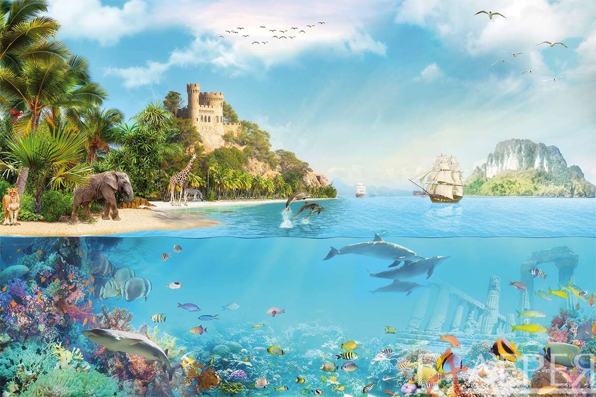 Детские, Тинейджеры, подводный мир, море, под водой, слон, остров, рыбки, дельфины, акулы, корабль, парусник