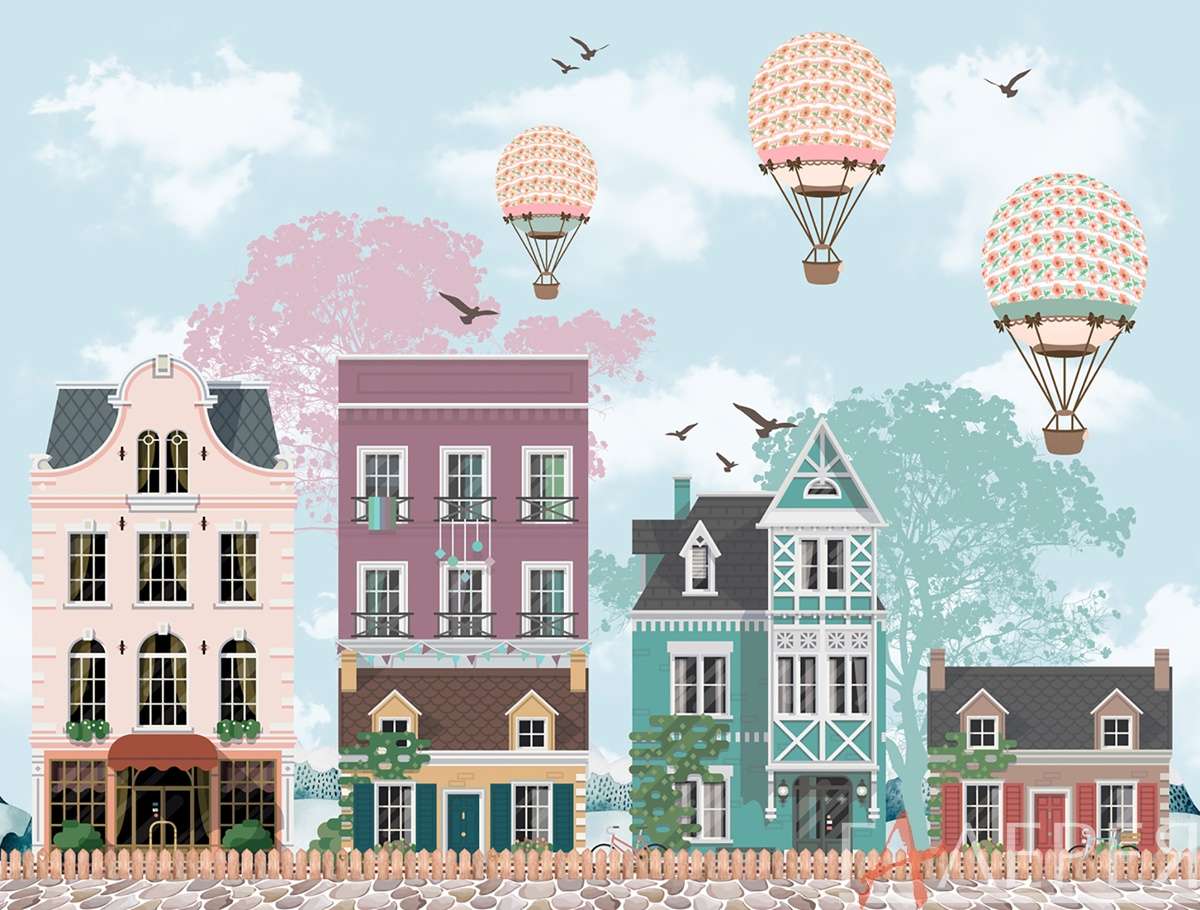 город рисованный, домики, воздушные шары