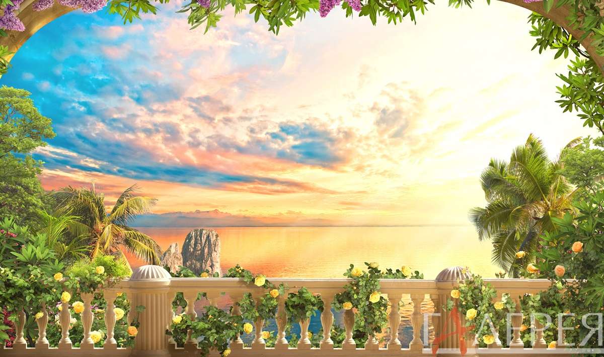 балкон, баллюстрада, пальмы, вид на море, закат