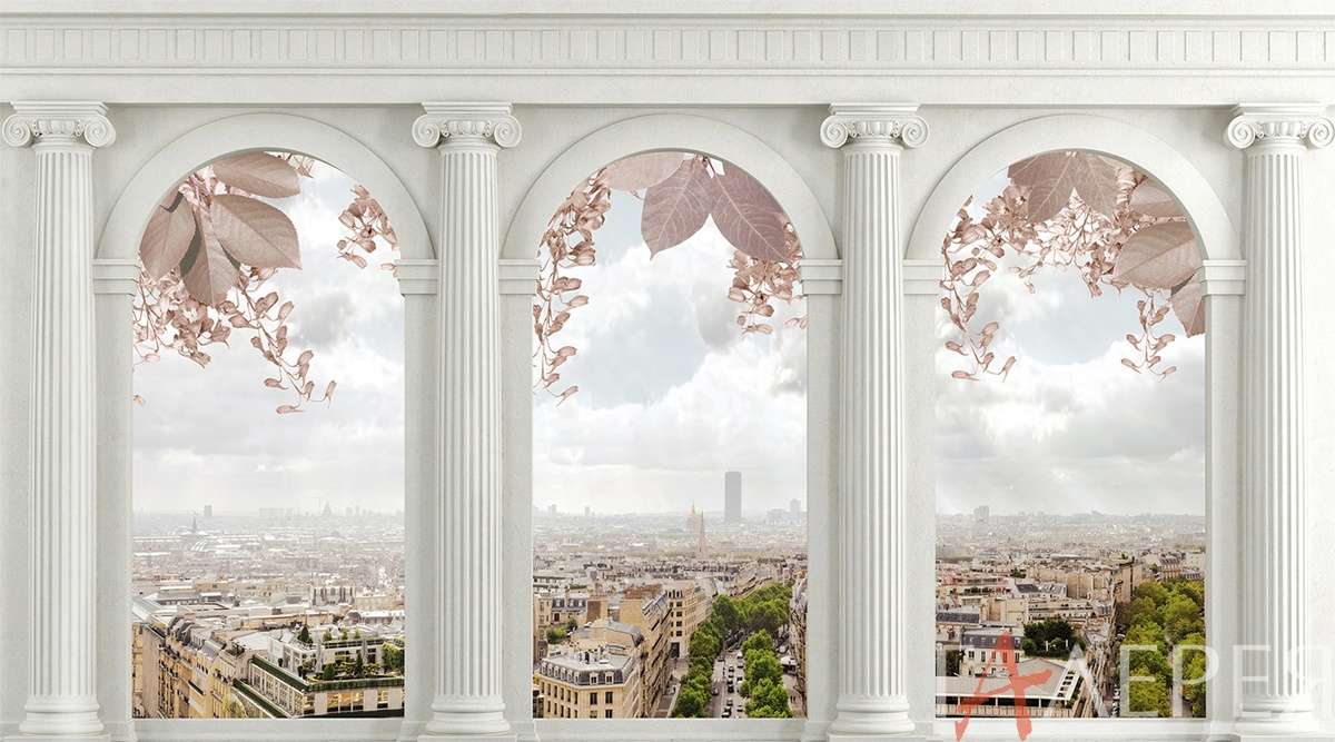 Арки эффект, колонны, арка, вид на город, перспектива, небо, балкон, терраса
