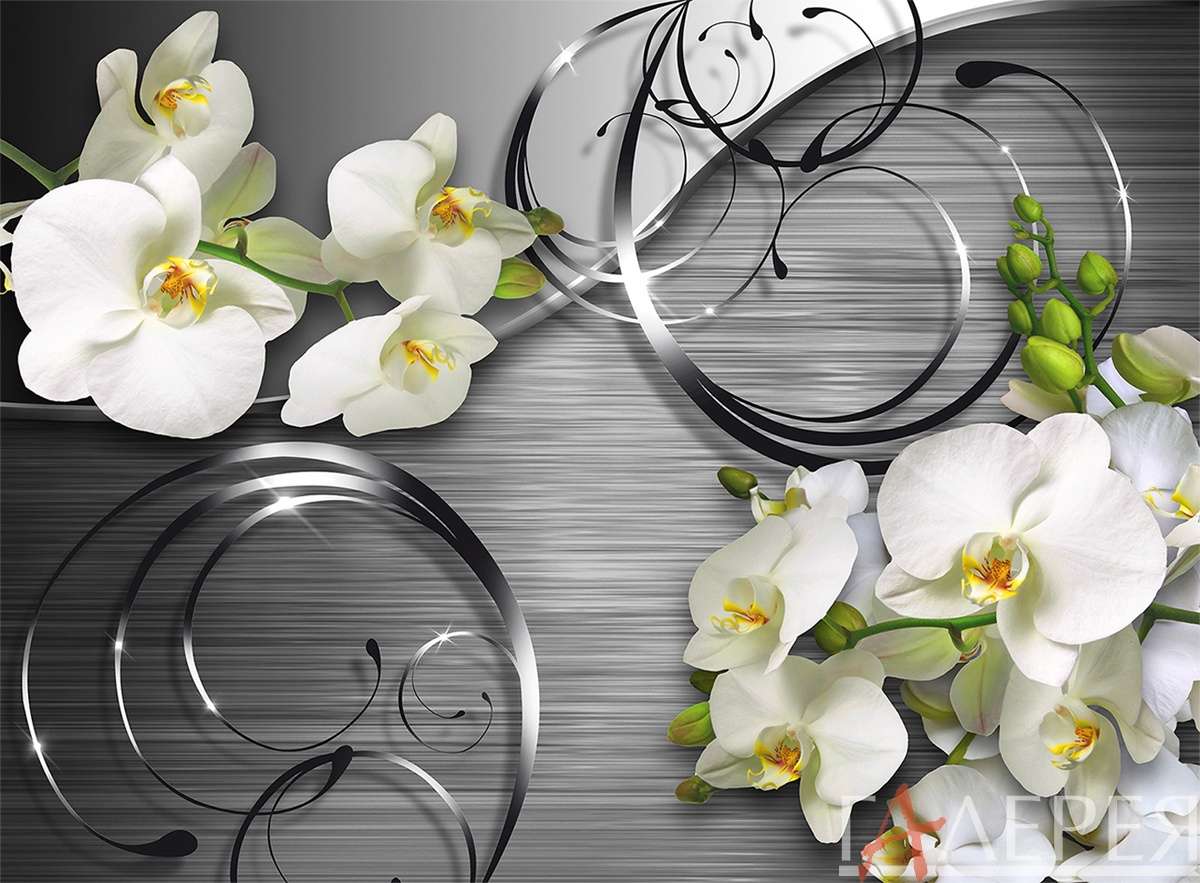 3d эффект, цветы, орхидеи, волны, орнамент