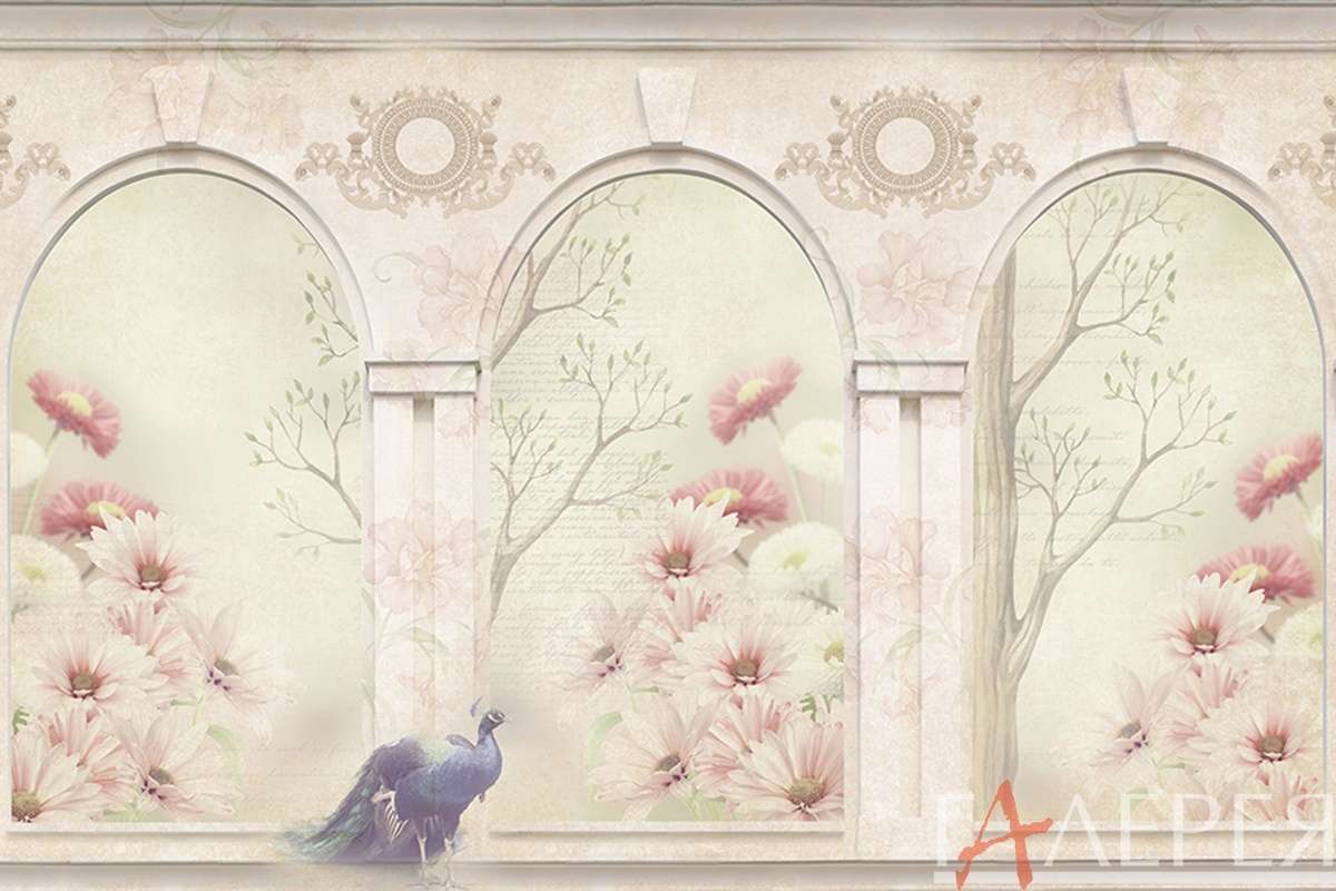 Шинуазри, арка, арки, три арки, 3 арки, цветы, розовые цветы, деревья, надписи, павлин