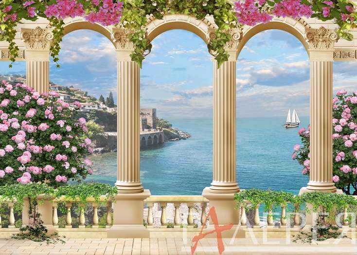 Арки, 3 арки, три арки, терраса, розовые цветы, вид на море