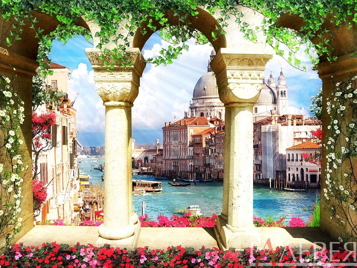 Италия, Вид на канал, балкон, гондола, Венеция, колонны, плющ, 3 арки, три арки
