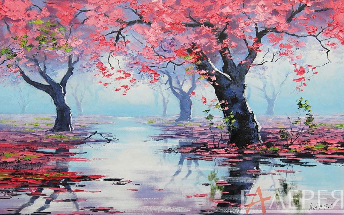 современная живопись, 3D обои, живопись, деревья, осень, вода, 3d