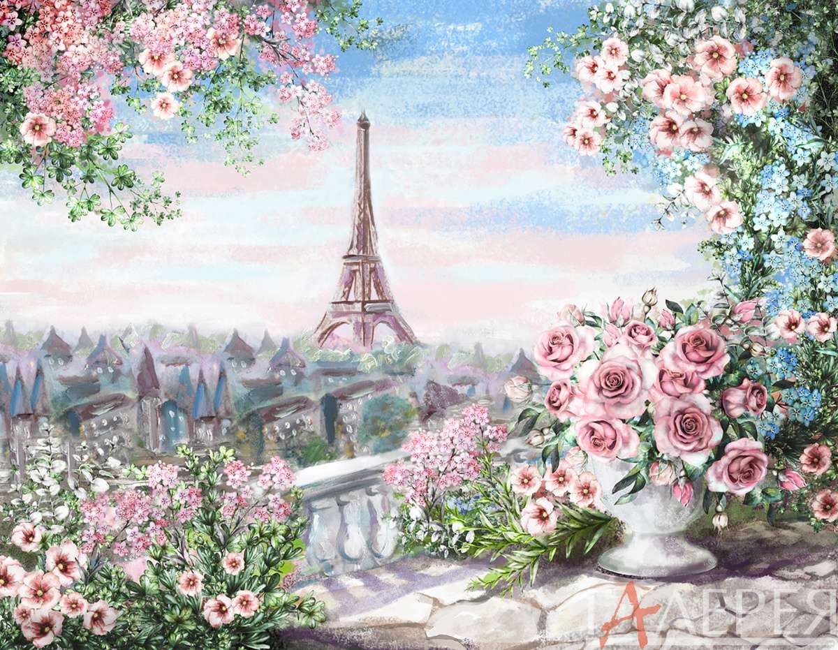 Париж, эйфелева башня, балкон, роза, ваза