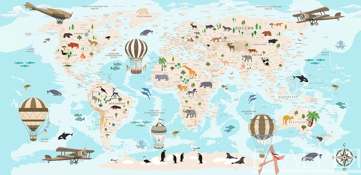 Карты карта, животные, воздушные шары, самолеты