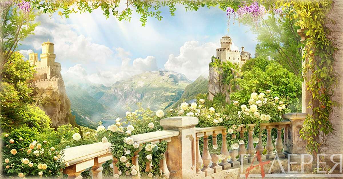 Фреска, башня, замок, крепость, балкон, лес, горы, цветы, небо, облака